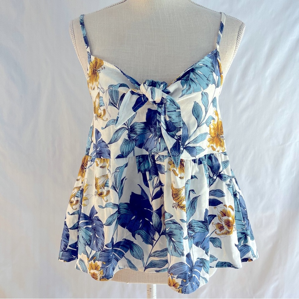 Vine & Love Brand—Blue & Gold Leaf Print Top with Spaghetti Straps/Knotted Front